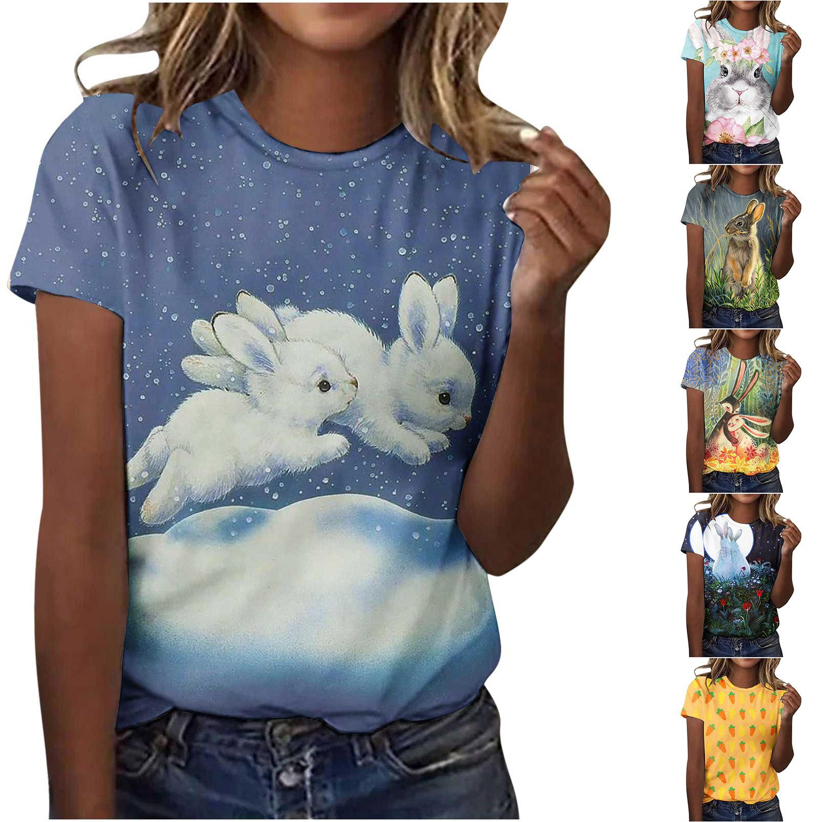 

Женская мода Летняя Круглая Шея Досуг Короткий Рукав Кролик Принт Топы