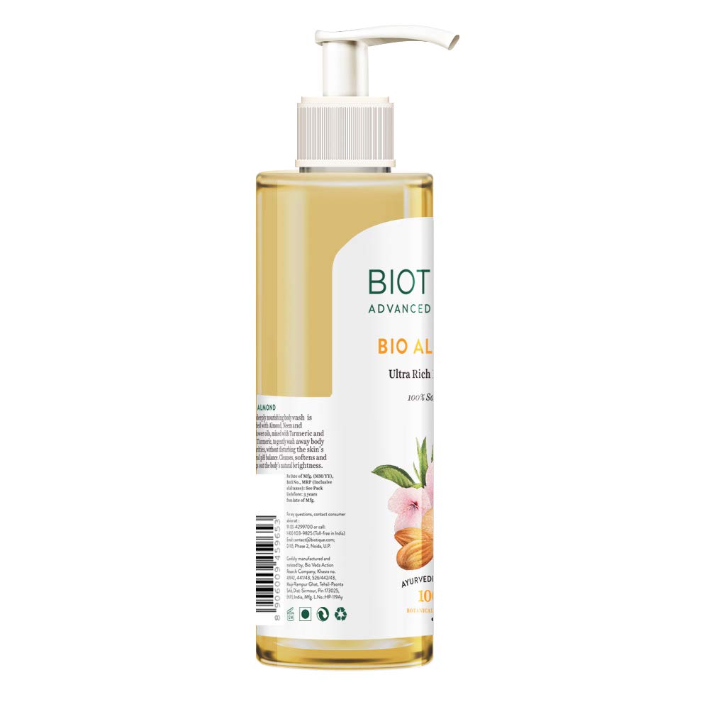 Biotique Mandelöl Duschgel 200ml – pH-ausgeglichener botanischer Reiniger für weiche, strahlende Haut – Seifenfrei & natürlich