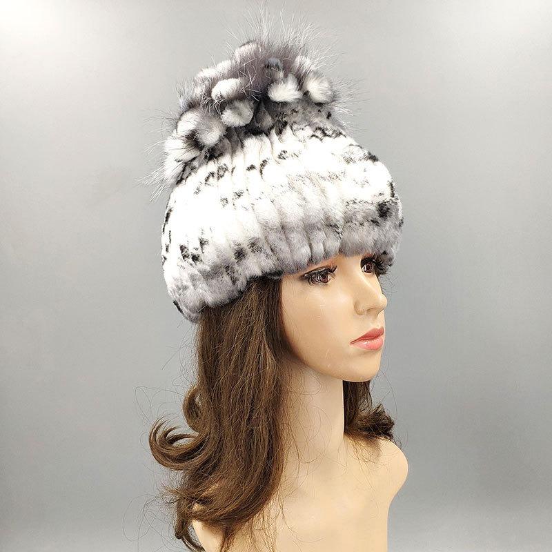 New Rex Rabbit Hair Hat Women's Winter Thickened Warm Fashion Versatile Elastic Fur Woven Hand-sewn Knitted Hat