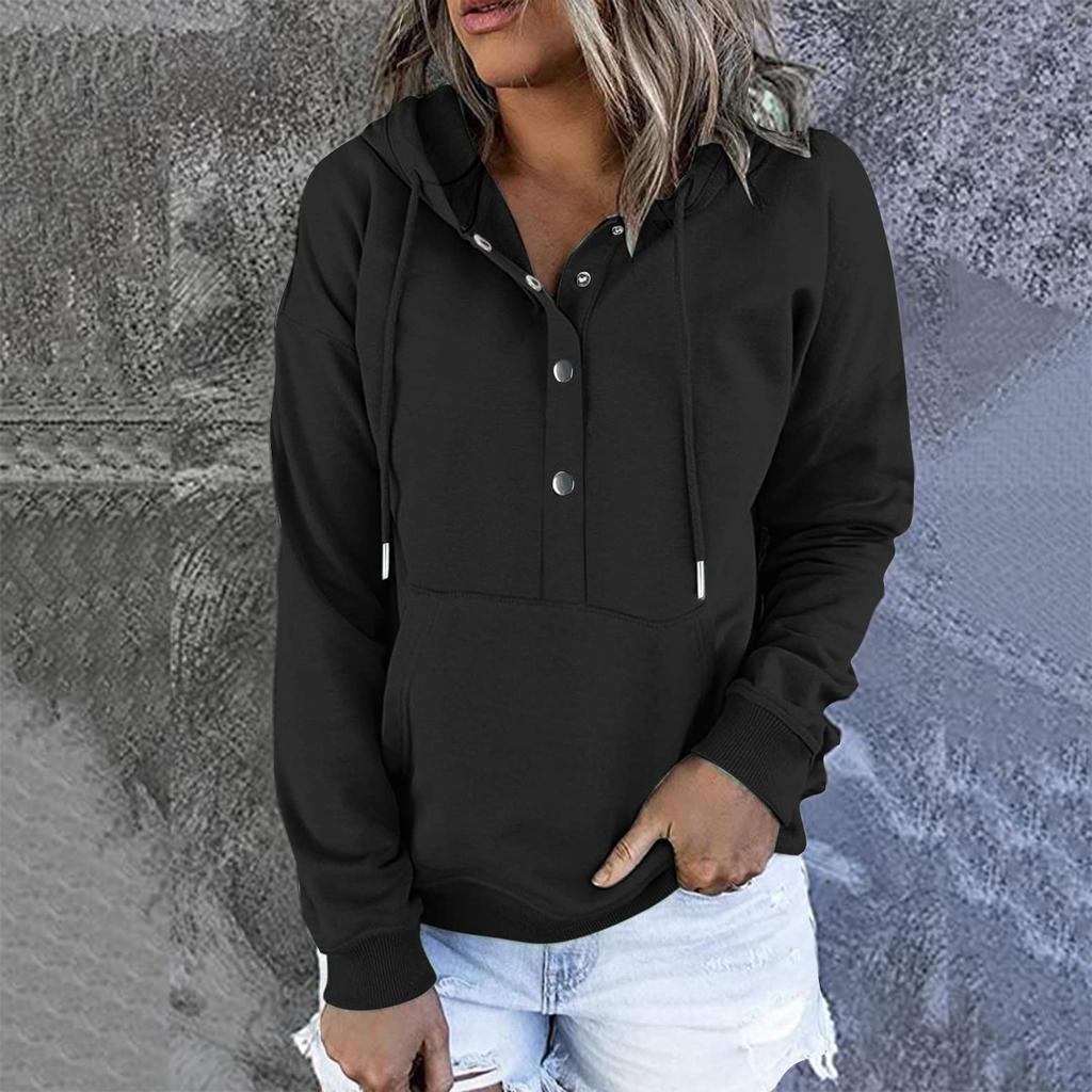 Damen Pullover Hoodies Tops Lässige Button-Down-Sweatshirts mit langen Ärmeln und Taschen