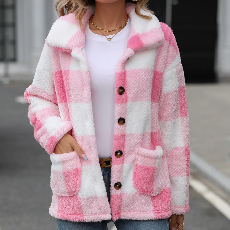 Fashion Autumn and Winter Women's Lapel Long-sleeved Mid-length Plaid Single-breasted Double-sided Velvet Casual Jacket