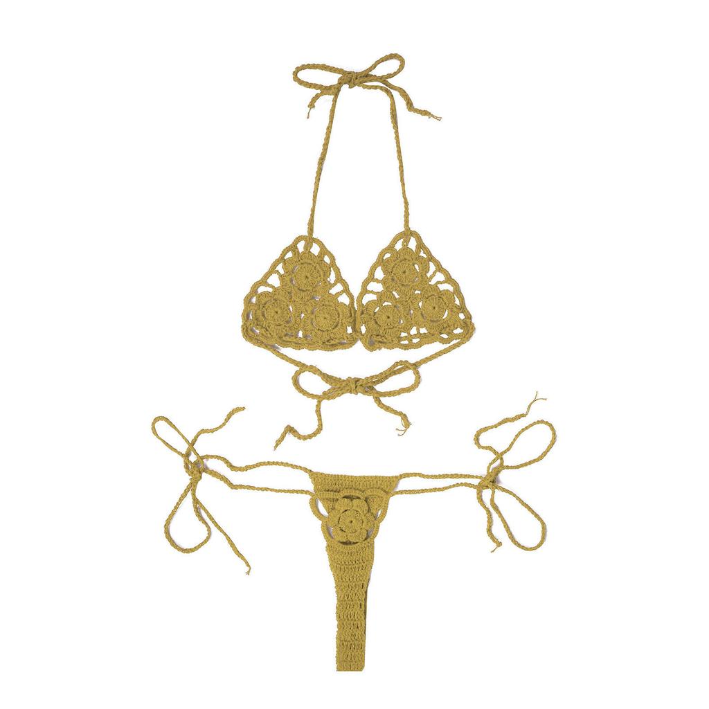 Women Floral Handmade Crochet Lingerie Suit Hollow Out Bikini Set Beach Two-Piece Micro Swimsuit Sunbathing Swimwear