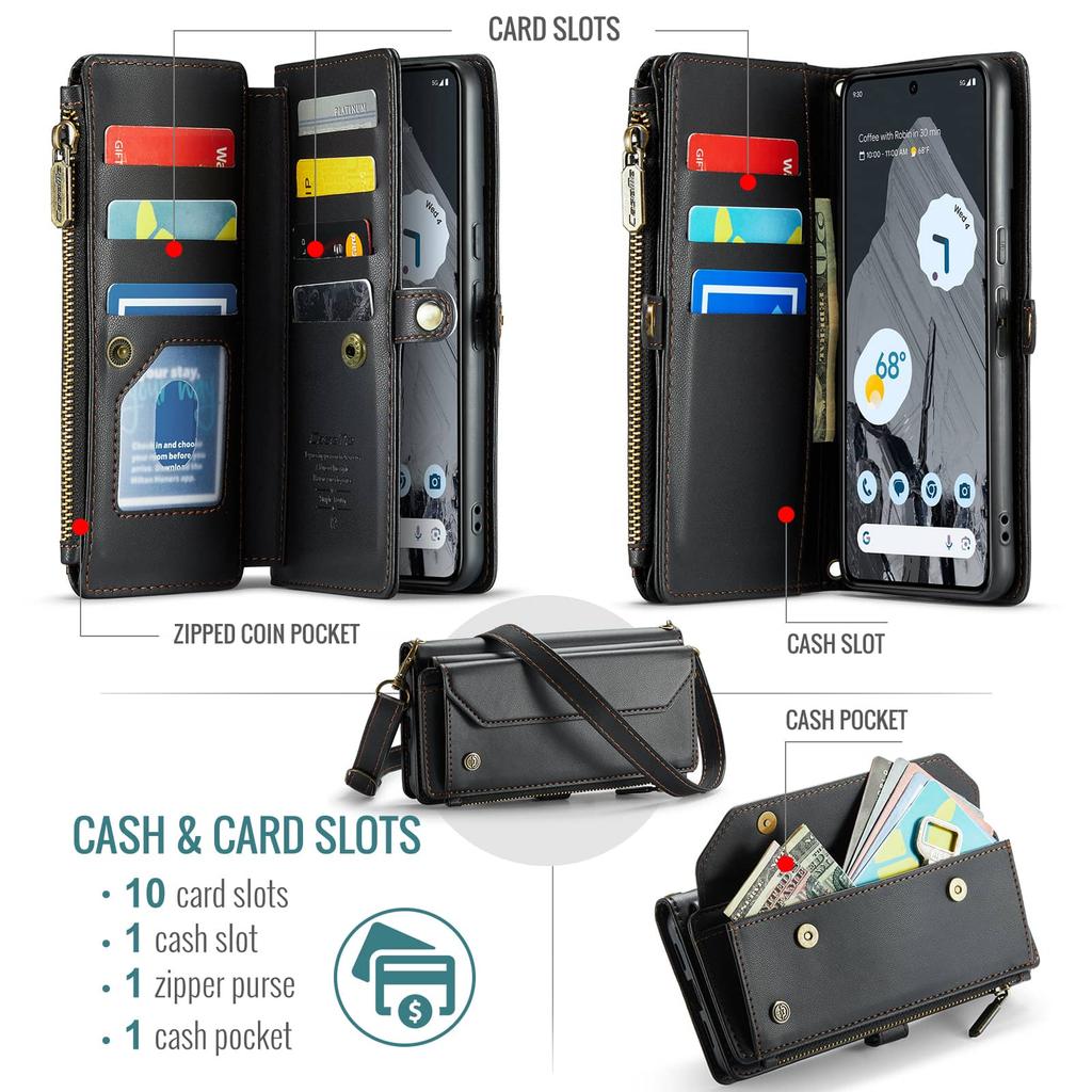 For Google Pixel 9 Pro XL 8Pro 7A Case with Pen Holder Slot, RFID Blocking Wallet Case with Card Holder Zipper Strap PU Leather