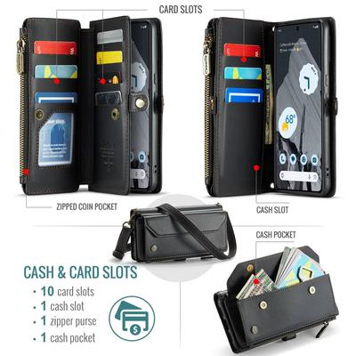 For Google Pixel 9 Pro XL 8Pro 7A Case with Pen Holder Slot, RFID Blocking Wallet Case with Card Holder Zipper Strap PU Leather