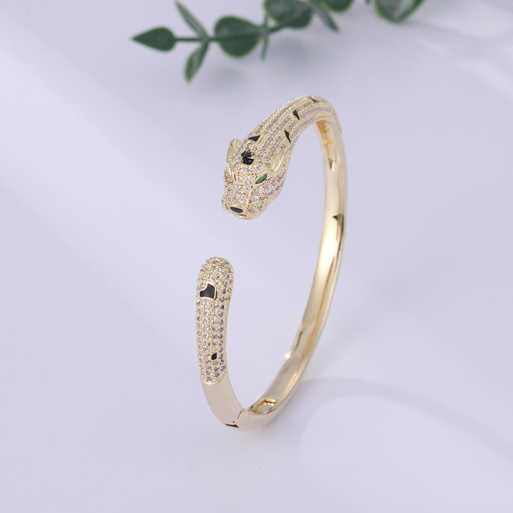 Animal Print Leopard Open Zirconium Bracelet Leopard Head Bracelet One Size(16-22CM)