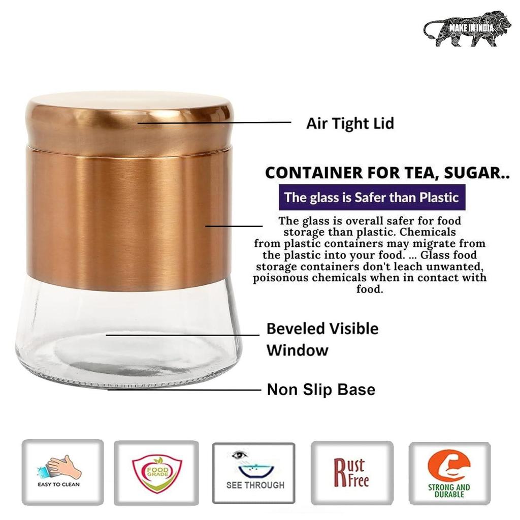Rose Gold Finish - Bell Bottom Glass Jars for Sugar,Cereal, Spices, Pulses and Other Kitchen Storage 1250ml, Set of 6