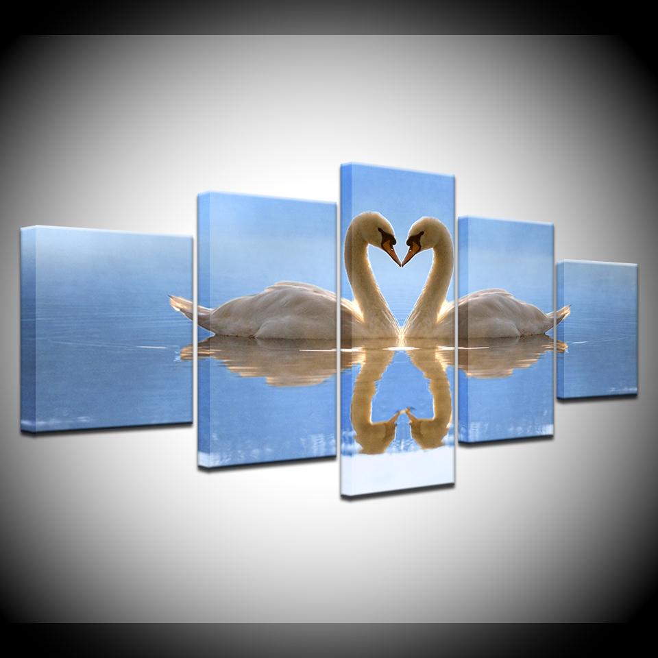 Canvas Painting Two swan lake blue water reflection 5 Pieces Wall Art Painting Modular Wallpapers Poster Print Home Decor