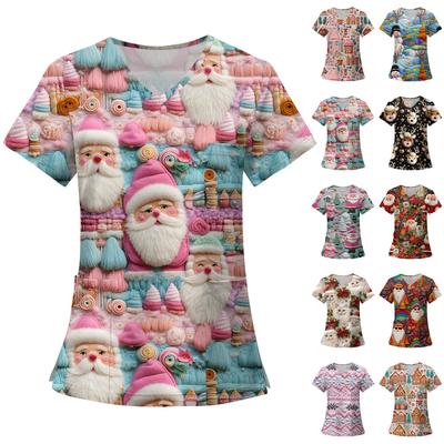 Женские модные топы с короткими рукавами и V-образным вырезом с принтом, рабочие футболки с карманами