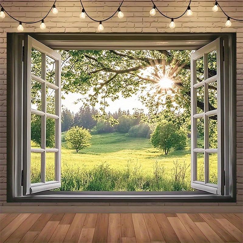 Smaragdgrüne Waldlandschaft Französisches Fenster Fotografie Hintergrund Frühling Feiertagsparty Banner Innen-/Außenraumdekoration
