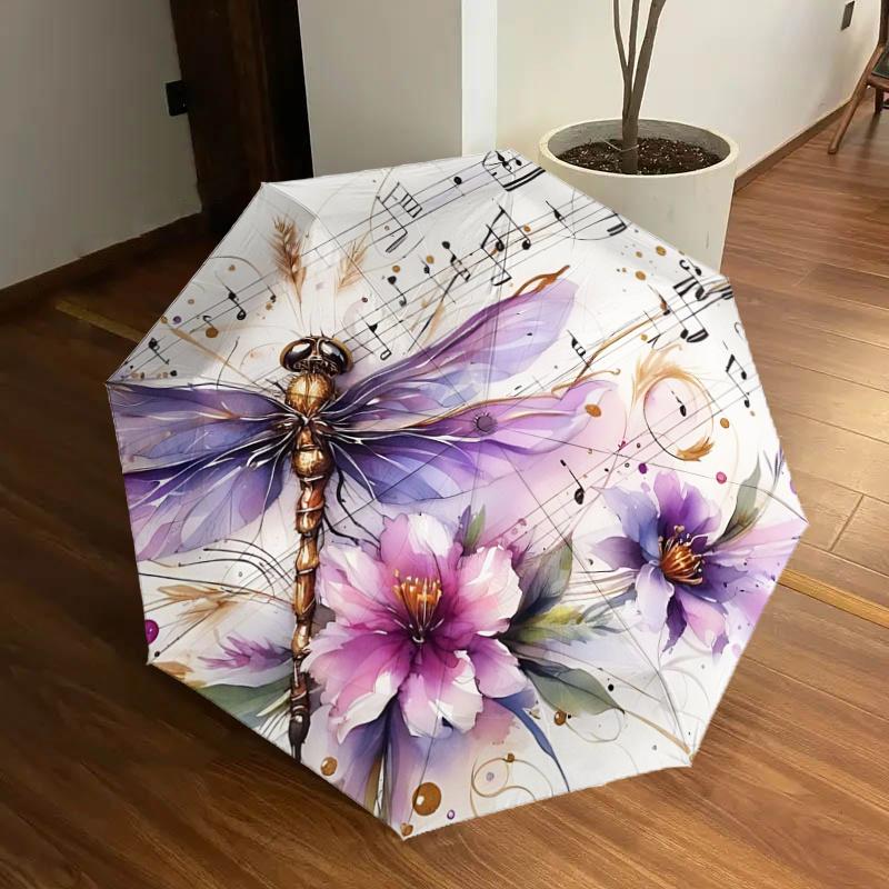 

Floral Dragonfly Music Notes Folding Umbrella - Automatic Open/Closed, Portable Design, Outdoor, Festival Gift for Fans, Travelers, Daily Us
