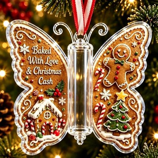 Geschenke für Familie Freunde Schmetterling Bargeldgeschenk Schmuckstück, Weihnachts-Geldhalter Hängende Dekoration mit festlichem Urlaubs-Haus-Druck, Acryl-Baum-Anhänger