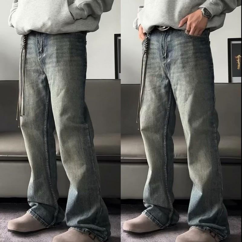 Mens Washed Distressed Denim Jeans With Bamboo Stripe Slightly Flared Loose Fit Retro Streetwear Style