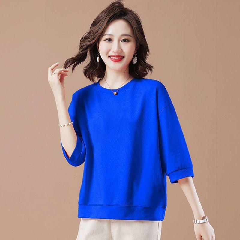 

Foreign Trade Clearance 100% Cotton round Neck T-shirt 3/4 Sleeve Loose Slimming Cover Meat Western Style Light Color Spring and Summer Women s Top Blue M