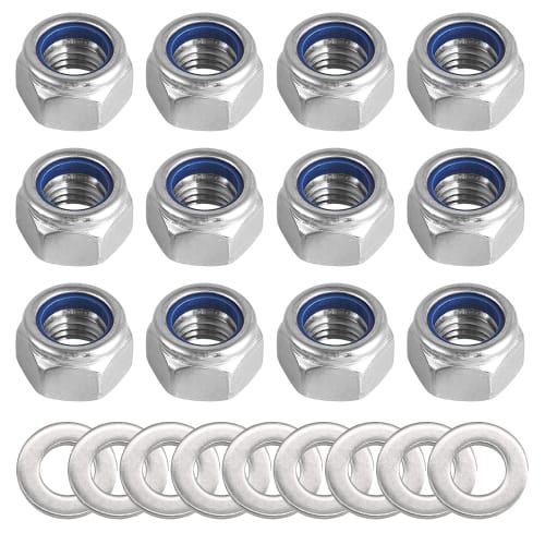 Pack of 20 M3-M10 Hex Lock Nuts with Flat Washers, 304 Stainless Steel, Nylon Lock Nuts, Nylon Insert Nuts, Threaded Nuts, Flat Washers (M6)