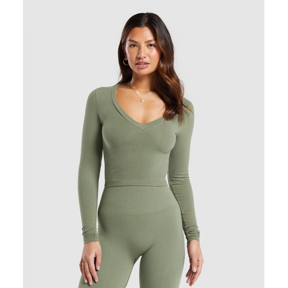 

GYMSHARK Хлопковый бесшовный топ миди с длинными рукавами, зеленый B8A4Z ECH1