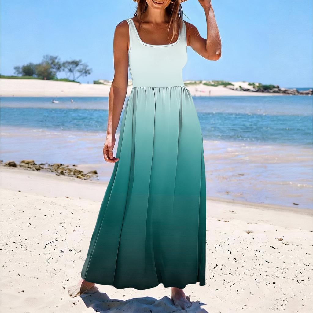 Ladies' Gradient Printed Summer Casual and Fashionable Sleeveless Long Dress