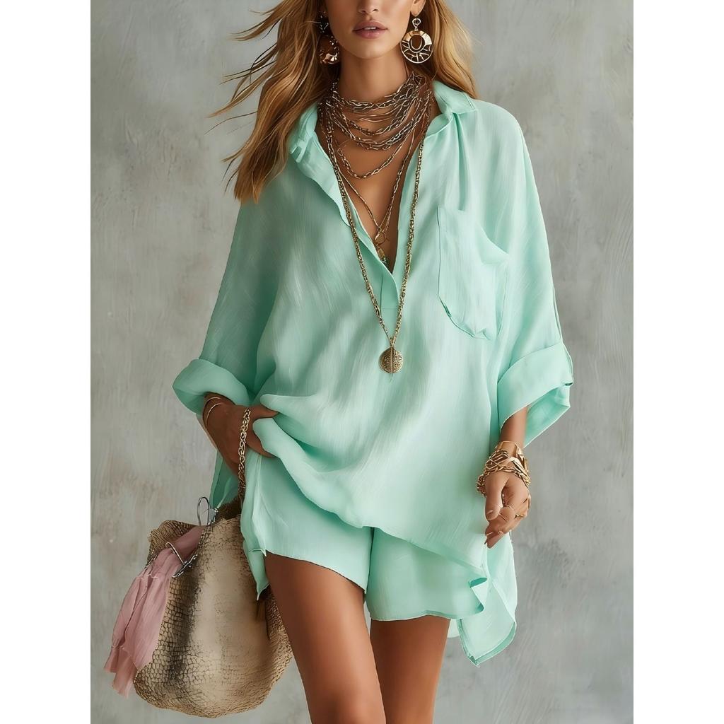 Women's Loose Long Sleeve Shirt and Shorts 2 Piece Set Casual Summer Beach Outfit