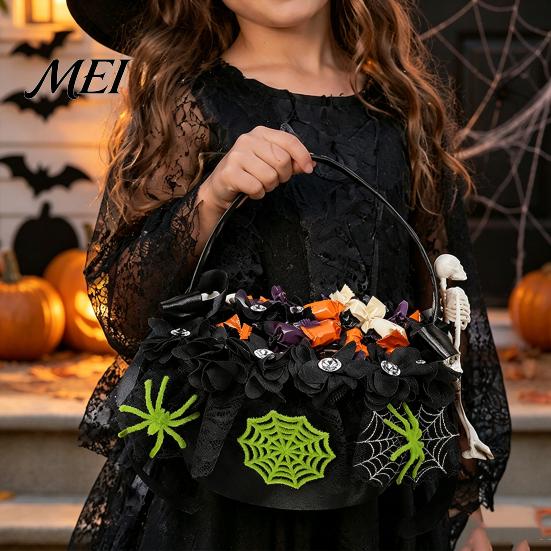 Decorative Ghost Candy Basket Black Flower Girl with Handle And Bow, Gothic Satin Handheld Halloween Decoration Lace for Wedding Ceremony, Bridal