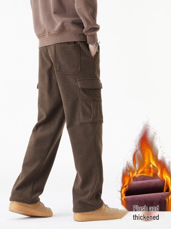 Men's Winter Corduroy Work Pants: Fleece-Lined, Thick, Loose, Wide-Leg, Straight Casual.