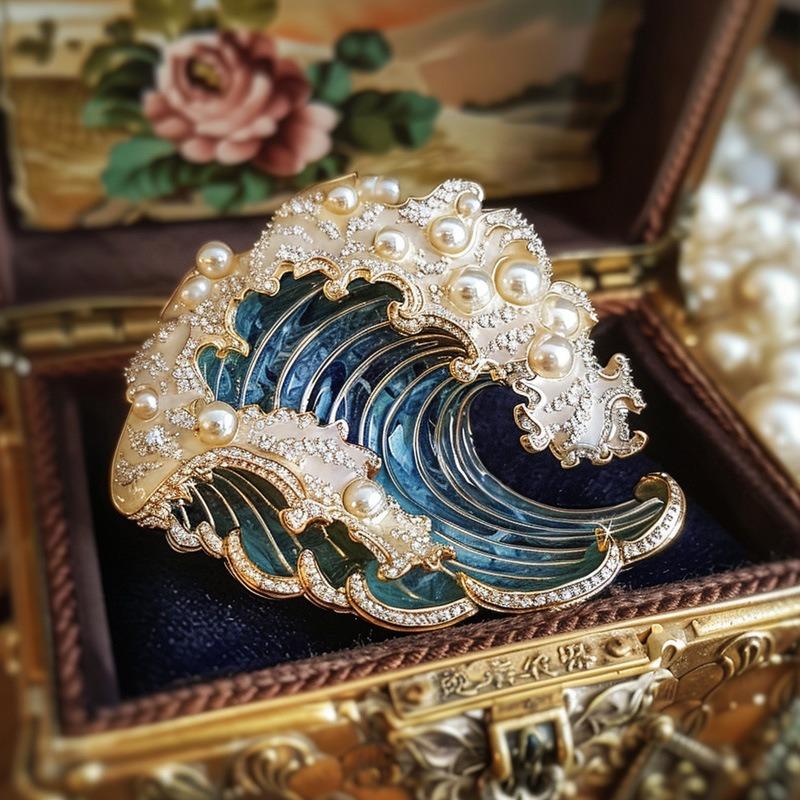 Luxury Premium Freshwater Pearl Brooch Wave Pin Enamel Badge Wave Brooch