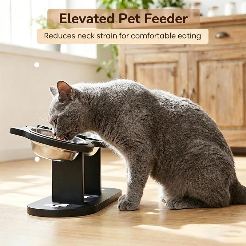 Anti-Slip Elevated 3-Bowl Pet Feeder Set, Raised Cat and Small Dog Food Water Bowls with Stand, Neck Strain Relief (Black)