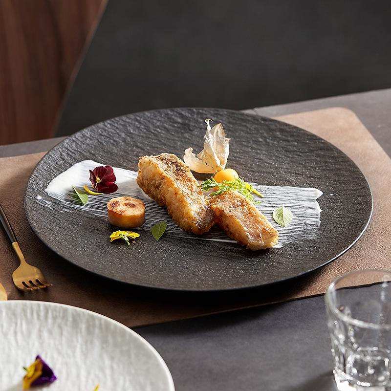 White Stone Ceramic Shallow Plate for Restaurant & Home – Ideal for Steaks & Desserts, Round Flat Design.