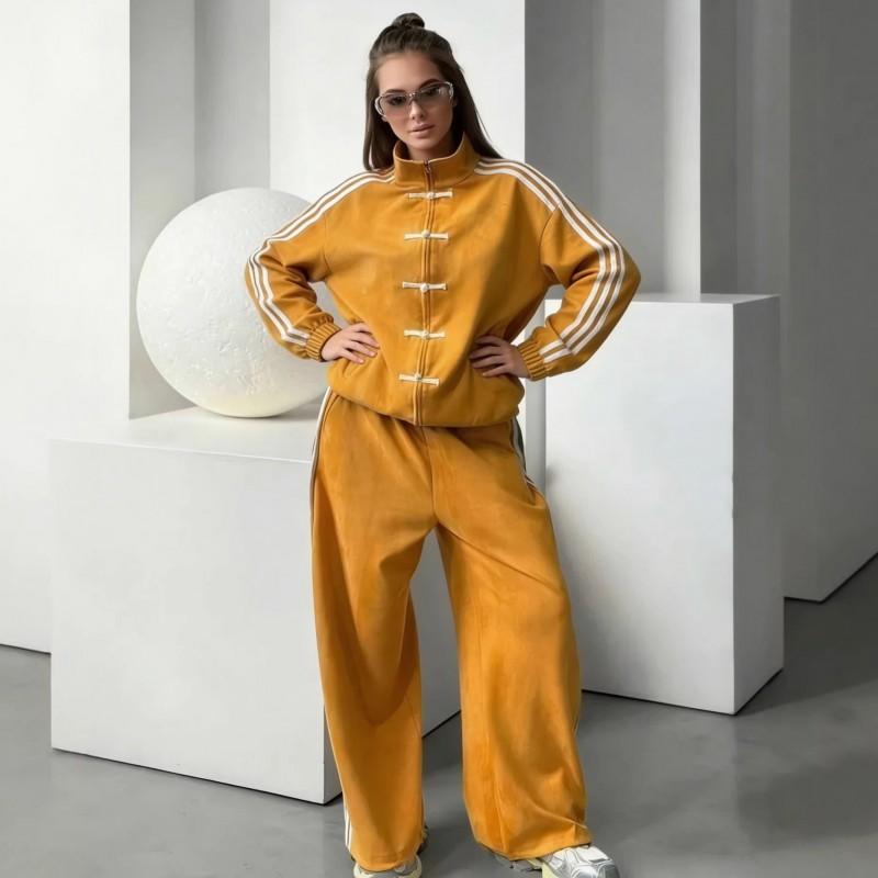 2026 Moda Żaba 3-Paski Dres Zestaw Vintage Kurtka ze Stójką Szerokie Spodnie Dresowe Damskie