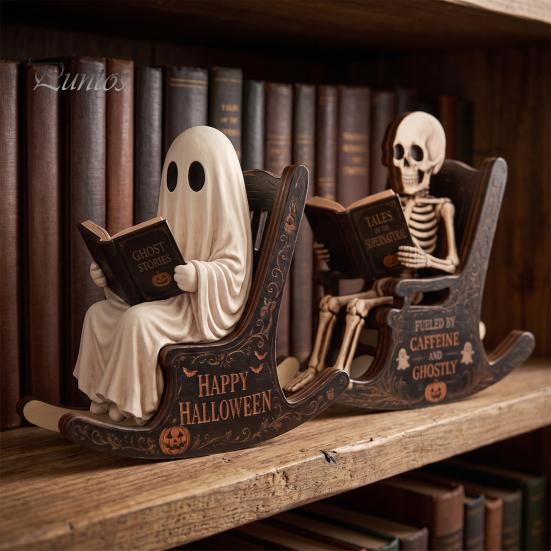 Spooky Bookshelf Ornament Halloween Rocking Chair Ghost/Skeleton Ornament, Wooden Desktop Decoration, Dynamic Ghost Decoration Figurine for