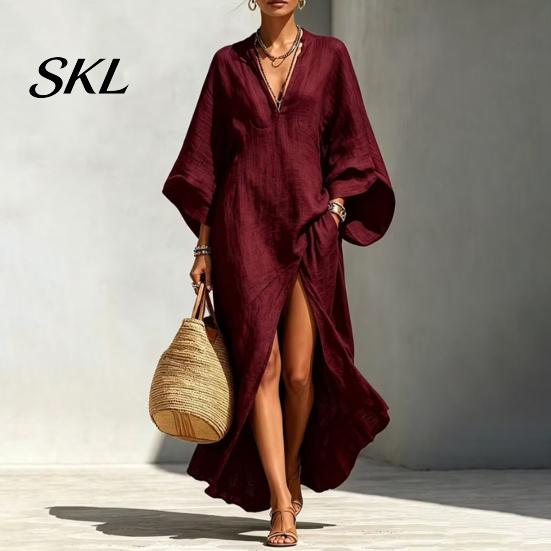 Comfortable Daily Wear Dress Women's Cotton Linen Maxi Dress, V Neck Batwing Sleeve Lightweight Summer High Split Loose Casual Beach Sundress