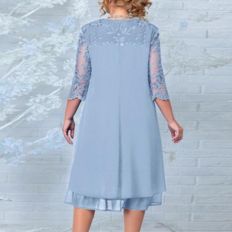 Elegante Abito da Festa da Ballo Taglie Forti Donna Lento Midi Rete Trasparente Patchwork Applicazione Foglia Mezza Manica Girocollo Abito Primavera Autunno