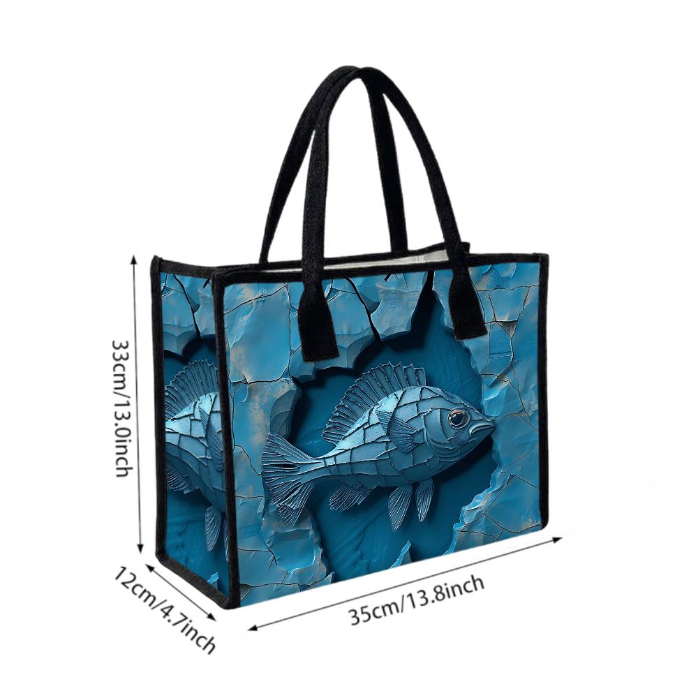 Unique Blue Fish Pattern Tote Bag Casual Reusable Shopping Bag for Daily Use