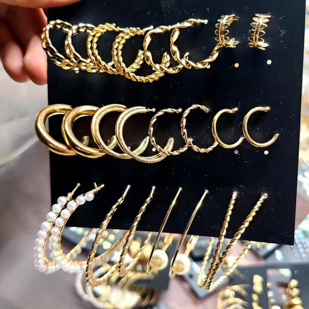 Gold-Pearl Punk Hoop Earrings Set for Women