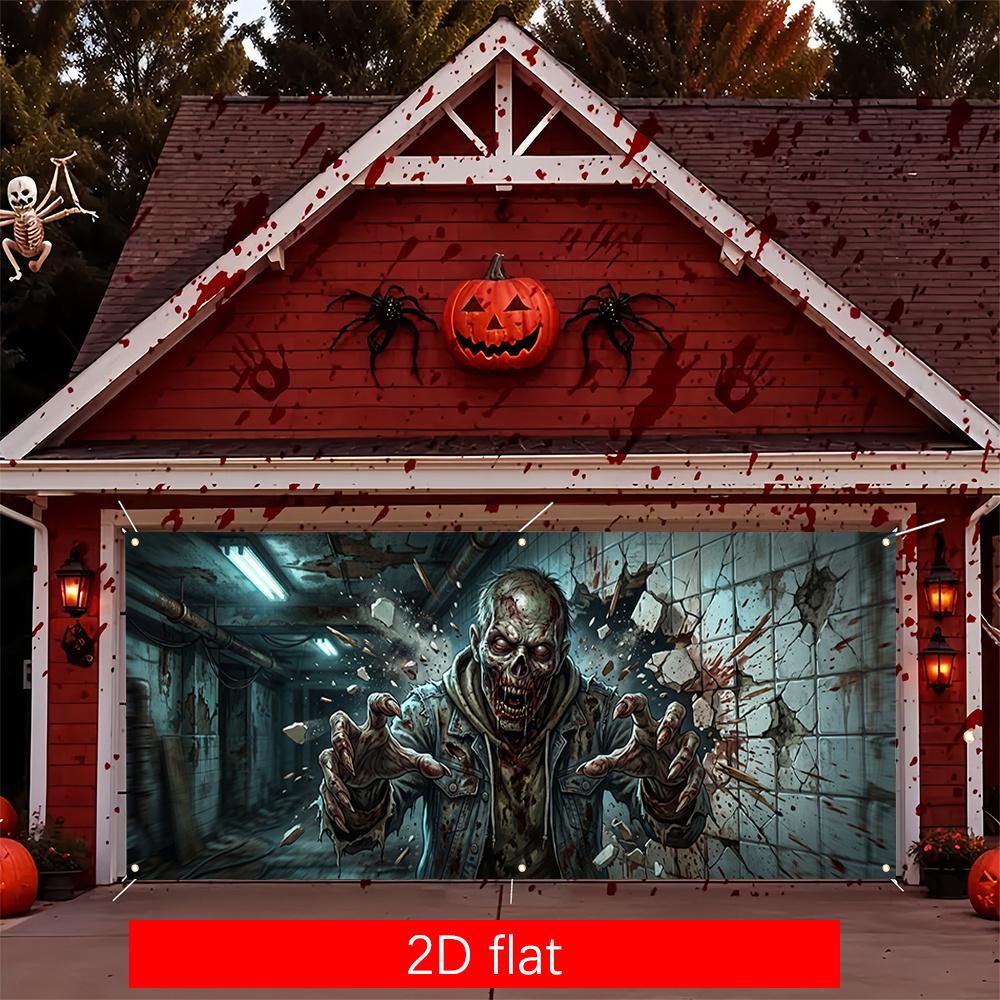 2D Flat Banner 1PC Large Garage Banner - Polyester Material - Halloween Wall-breaking Zombie Corridor Scene