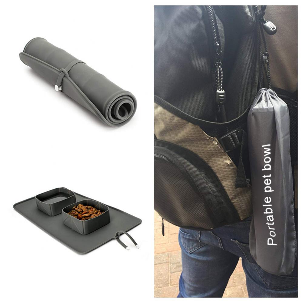 Pet Bowl 600ml Cat Dog Pet Bowl Folding Silicone Double Bowl Flannel Bag Dog Bowl Outdoor Puppy Food Container Portable Pet Bowl