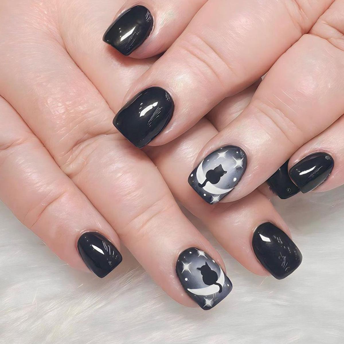 

Gothic Halloween Cat & Moon Press-On Nails - Medium Length Square Style