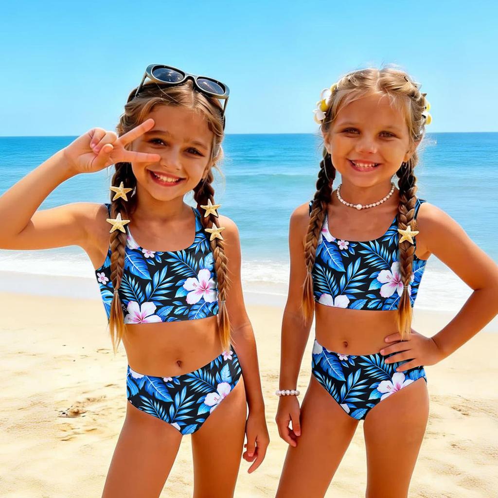 Girls Two Piece Swimsuit Set Hawaiian Print Tankini Top and High Waist Bottom Summer Beach Swimwear for Kids