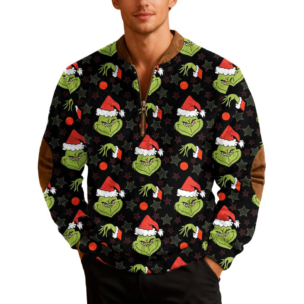 Men's Casual Cartoon-printed Semi-zipper Flannel Retro Long-sleeved Sweatshirt