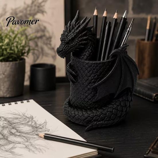Decorative Pen Pot 3D Printed Gothic Dragon Holder, Coiled Figurine Stationery Cup, Cool Office Supplies Fantasy Desk Organizer, Halloween Tabletop