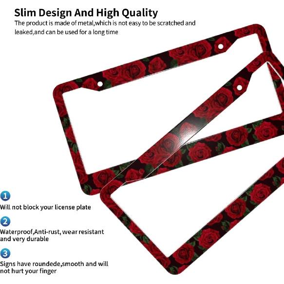 Red Rose Flower License Plate Frames 2 Pack 2 Holes Aluminum License Plate Cover With 2 Pcs Car Coasters And Screw And Black Screw Caps For Girl