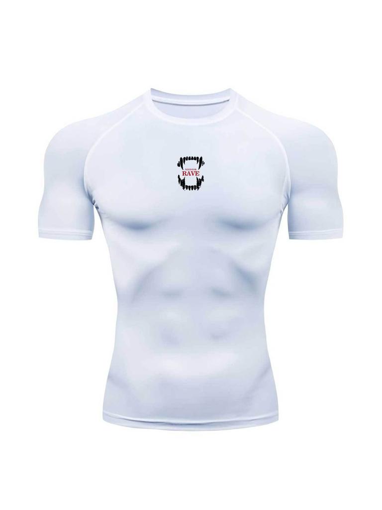 Mens WhiteCompression Short Sleeve T-Shirt Small Red And Black Badge Graphic Quick Dry Breathable High Elasticity Gym Workout And Running Athletic Top