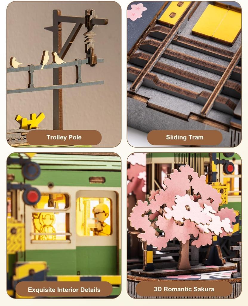 Robotime Sakura Journey Tram 3D Wooden Puzzles Model Car Kits Building Set Creative Gift STEM Toy for Girls Boys 223PCS