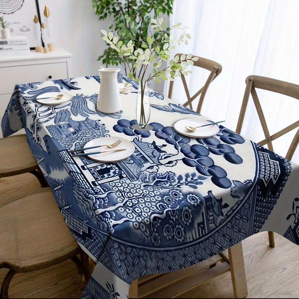 1pc Chinese Style Blue Landscape Painting Print Tablecloth, Durable Polyester Tablecloth, Blue and White Theme, for Home Kitchen Dining Table/Wear-Res