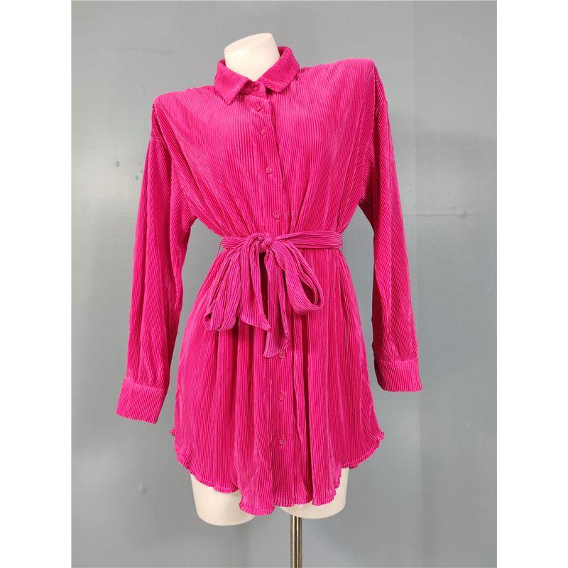 

Export Cross-Border F-Style Pleated Lapel Shirt Long Sleeves Dress European Station Stylish Dopamine with Belt Rose Red L