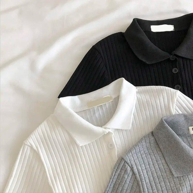 Knitted Fashion Women Blouses Tall Tops Turn Down Collar Youth Blouses Clothing Chic Cropped Shirt