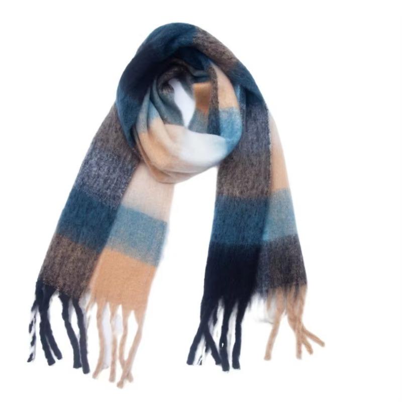 Winter Yarn Thicken Style Luxury Multicolour Plaid Faux Mohair Scarf Women Tassel Long Ring