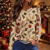 Women's Long Sleeve Christmas Tree Print Top with Side Slit Hem and Round Neck - Holiday Casual Blouse