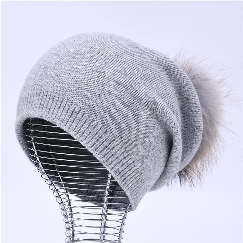 Real Raccoon Fur Pom Pom Knitted Hat Women Beanies Cashmere Winter Hat Female Girl Cotton Skullies Wool Beanie Hat