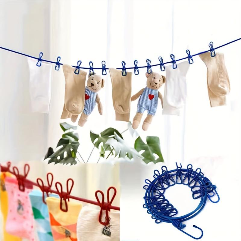 Adjustable Elastic Clothesline with 12 Clips Windproof Portable Travel Drying Rack, for Outdoor Garments, Bedding, Socks & Delicates