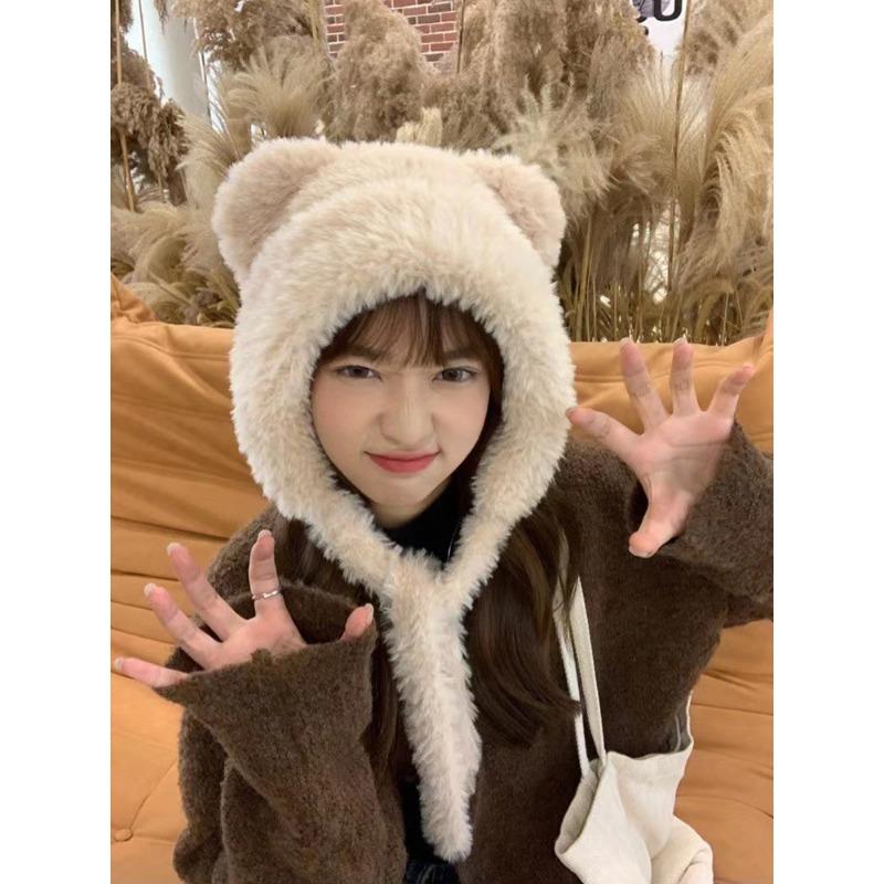 Cute Plush Bear Ears Hat Female Autumn and Winter Warm Ear Protection Big Head Circumference Shows a Small Tide