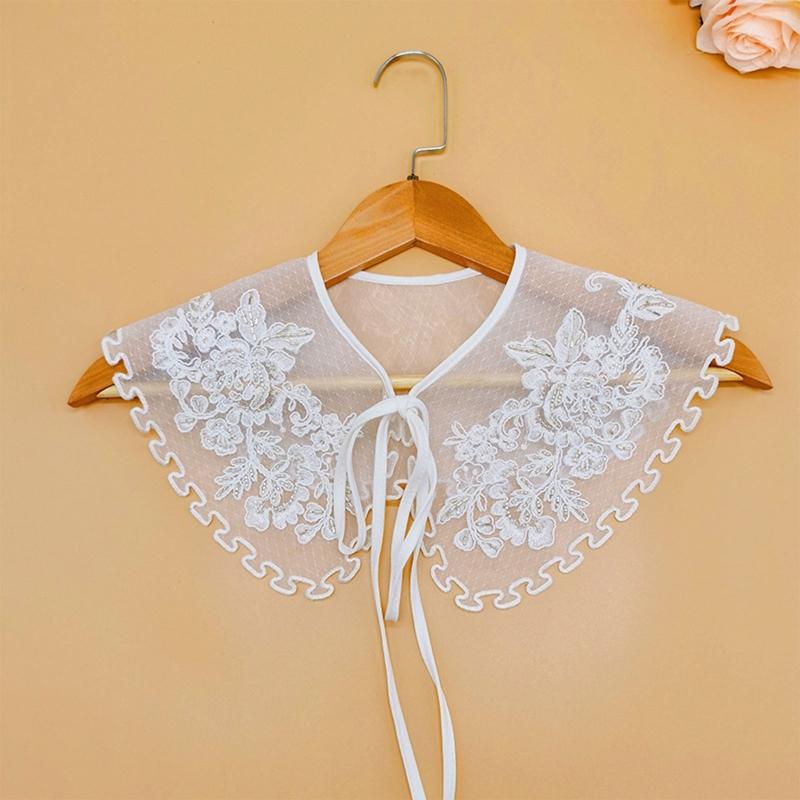 Korean Women White Cotton Fake Collar Shawl Wrap Hollow Out Floral Fish Scales Necklace Scarf Embroidery Short Poncho Dropship